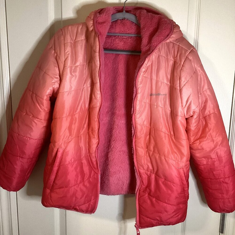 Eddie Bauer Girl's Reversible Puffer Hooded Jacket Pink Ombre Coat Size XL 14/16